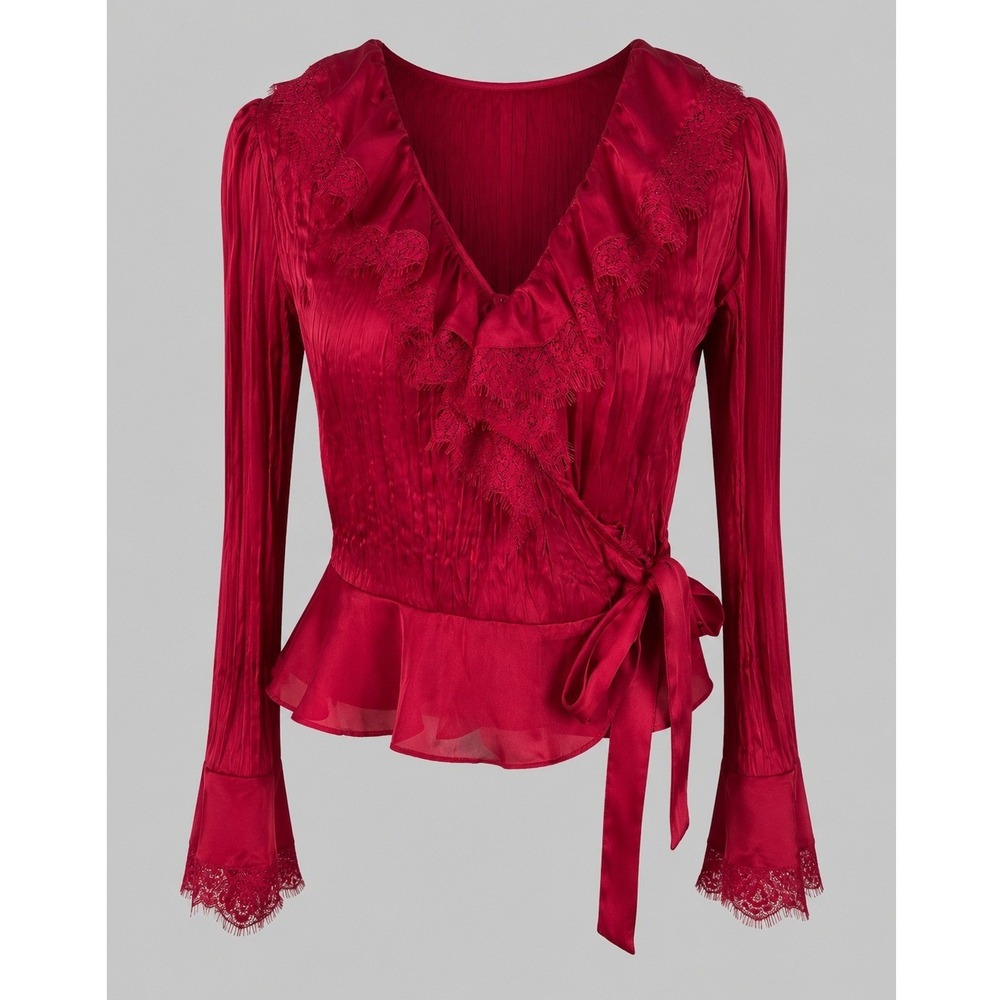 Vintage Sunny Leigh Petite PS Red Satin Lace Wrap Blouse Y2K Ruffle Peplum Top